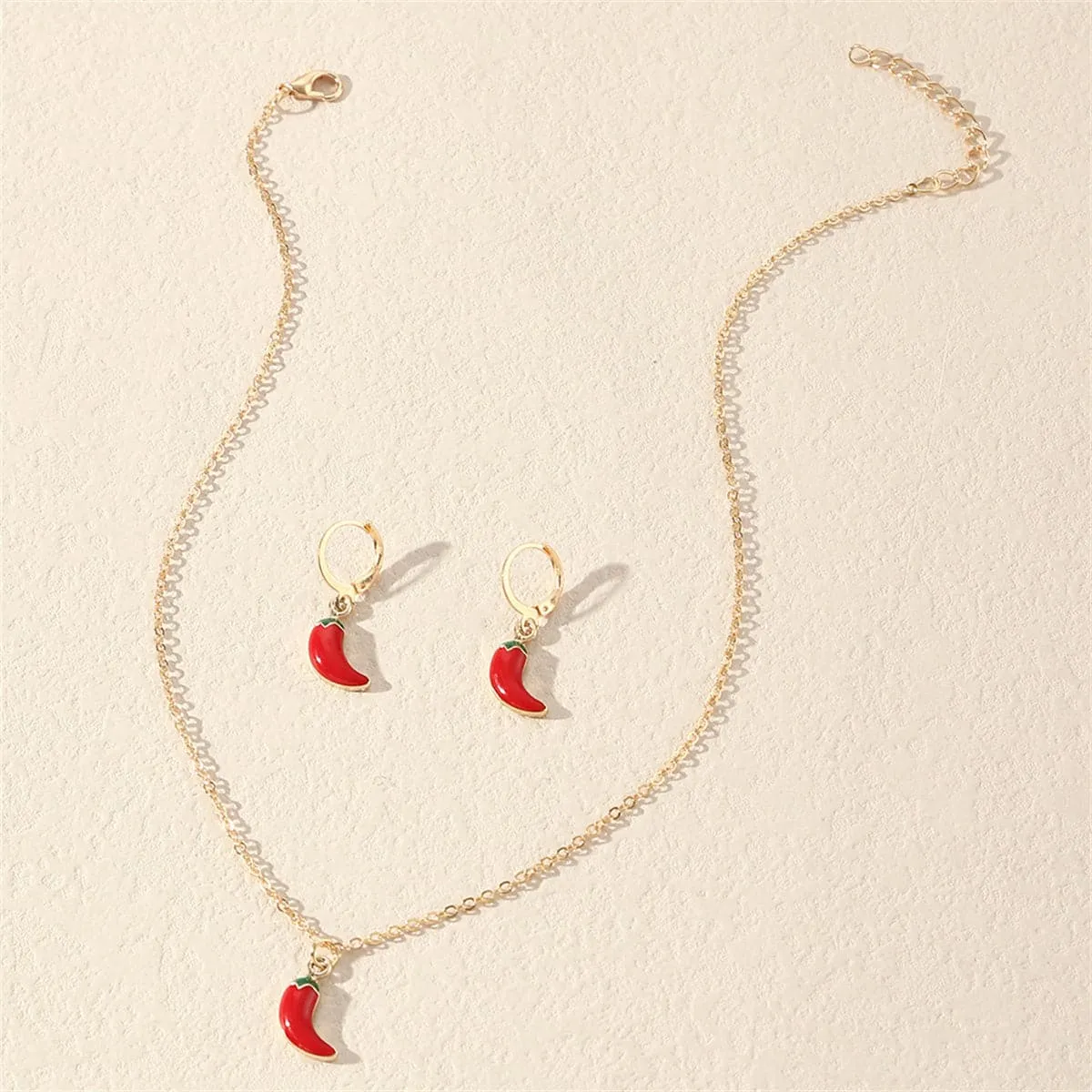 Red Enamel & 18K Gold-Plated Chili Pendant Necklace & Leverback Earrings