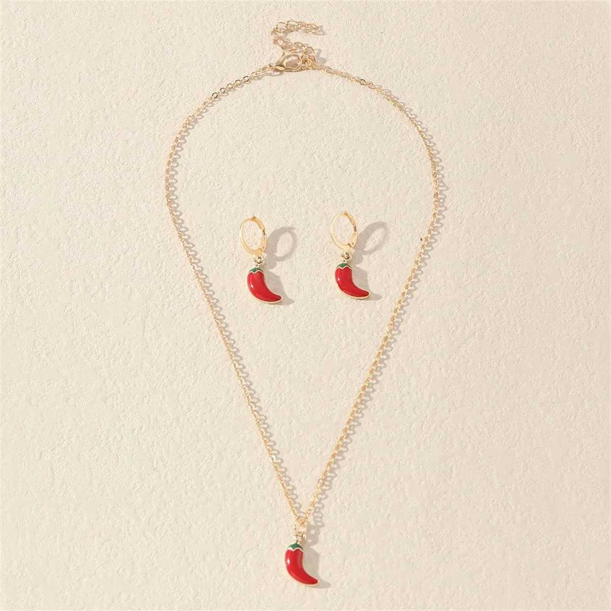 Red Enamel & 18K Gold-Plated Chili Pendant Necklace & Leverback Earrings