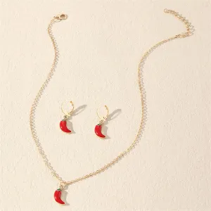 Red Enamel & 18K Gold-Plated Chili Pendant Necklace & Leverback Earrings