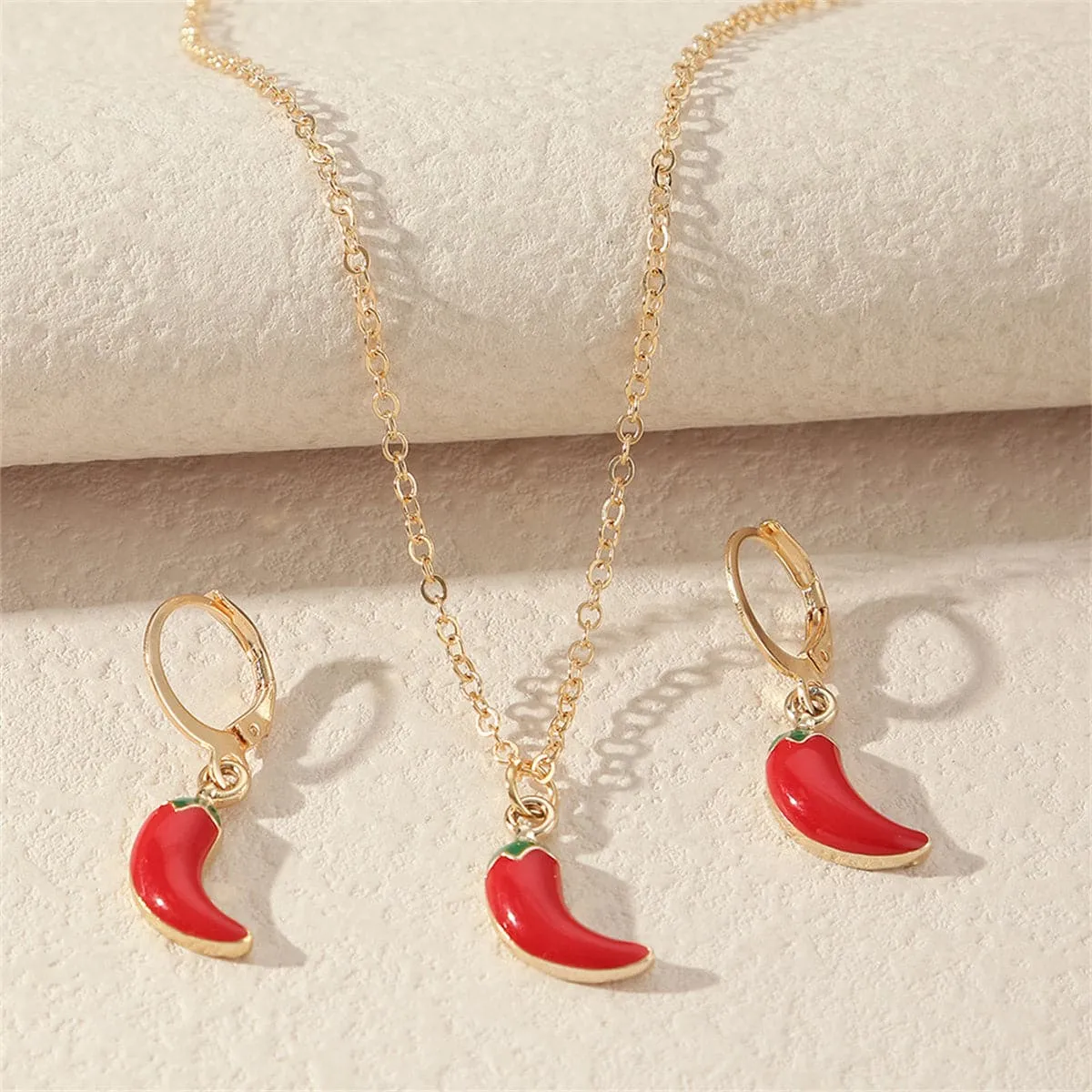 Red Enamel & 18K Gold-Plated Chili Pendant Necklace & Leverback Earrings