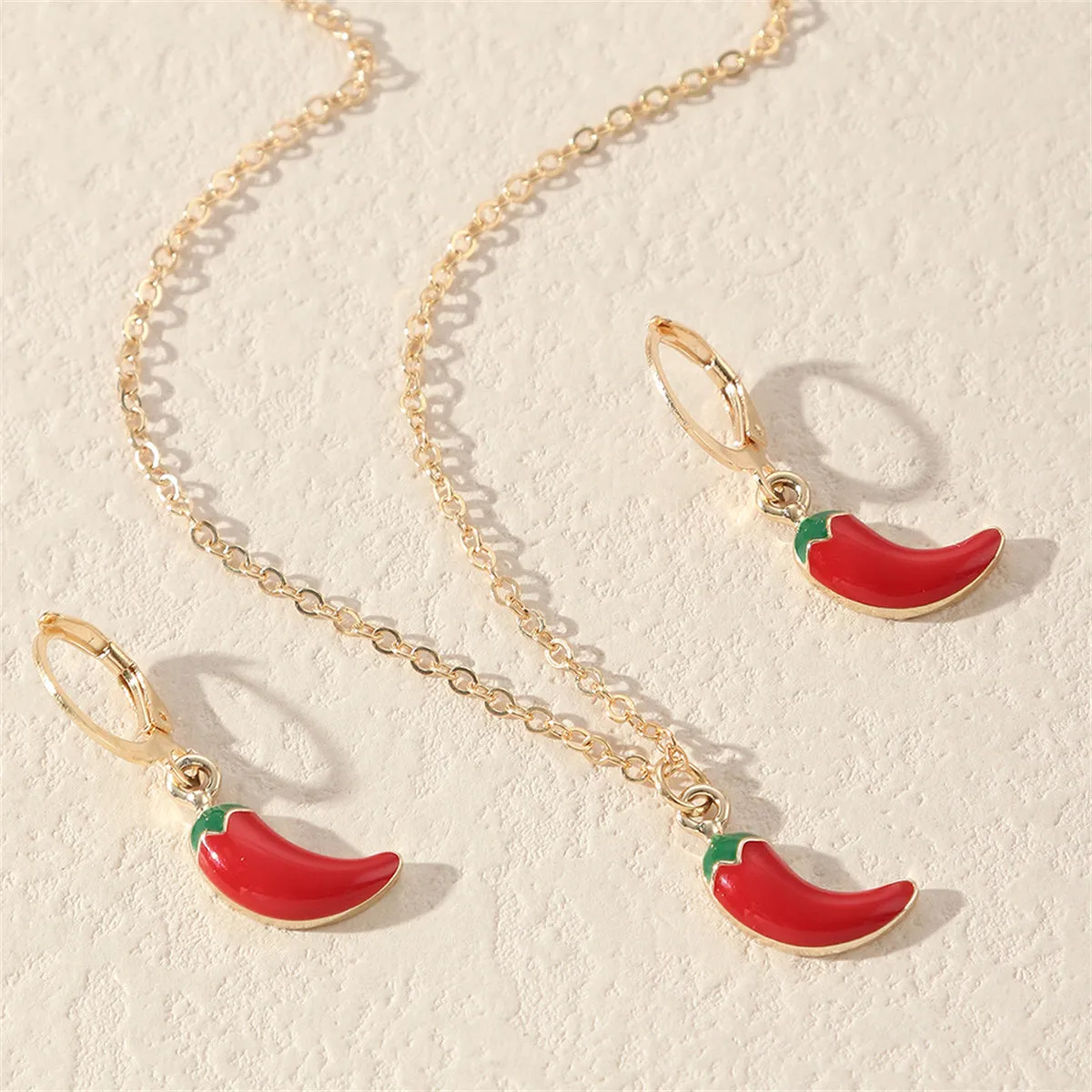 Red Enamel & 18K Gold-Plated Chili Pendant Necklace & Leverback Earrings