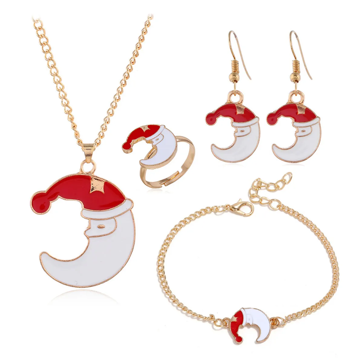 Red Enamel & 18K Gold-Plated Crescent Moon Santa Pendant Necklace Set
