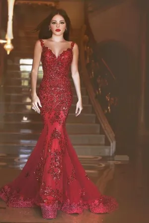 Red Straps Prom Dresses,Long Prom Dress,Beaded Evening Dress