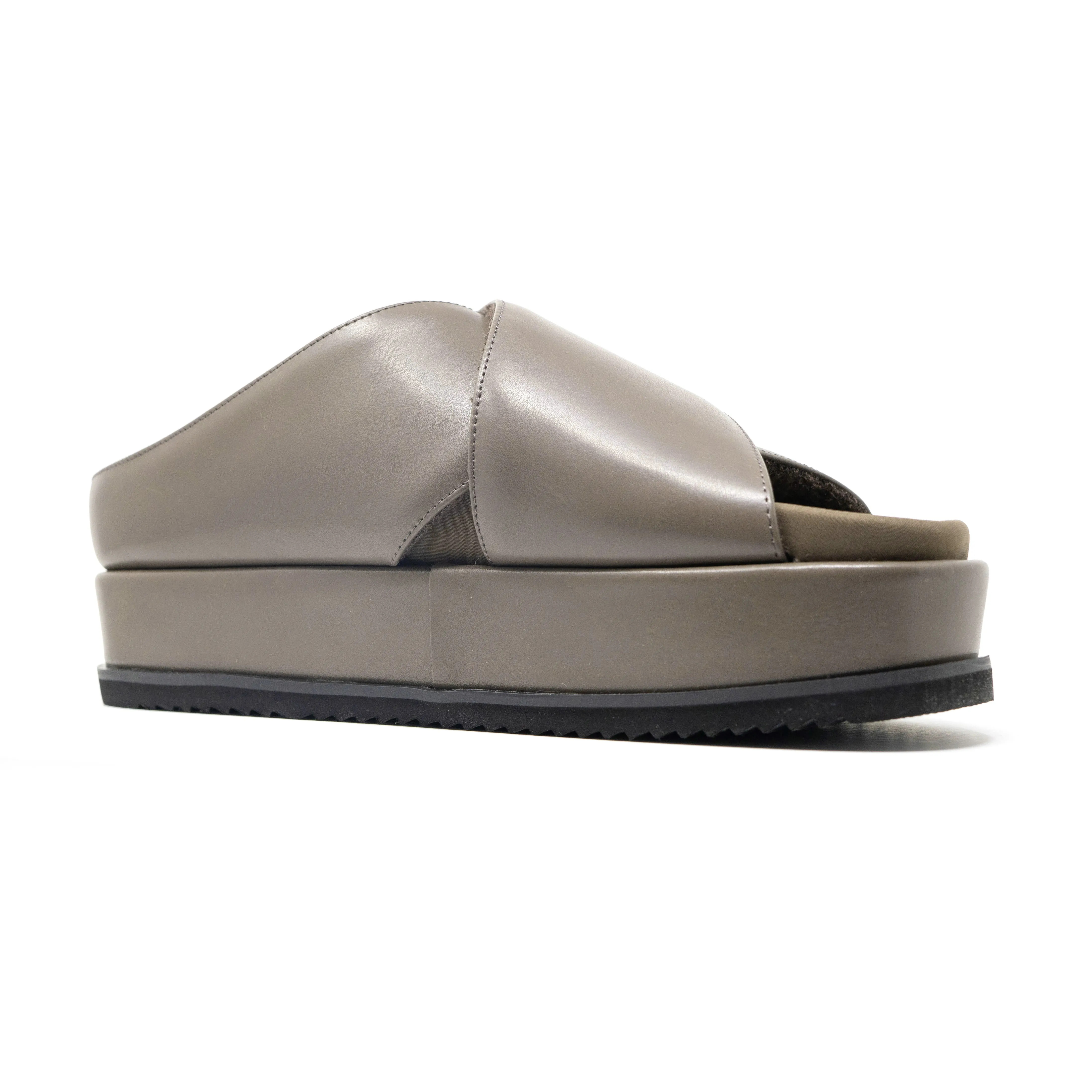 ROAM CROSS STACK PLATFORM SANDALS TAUPE VEGAN LEATHER