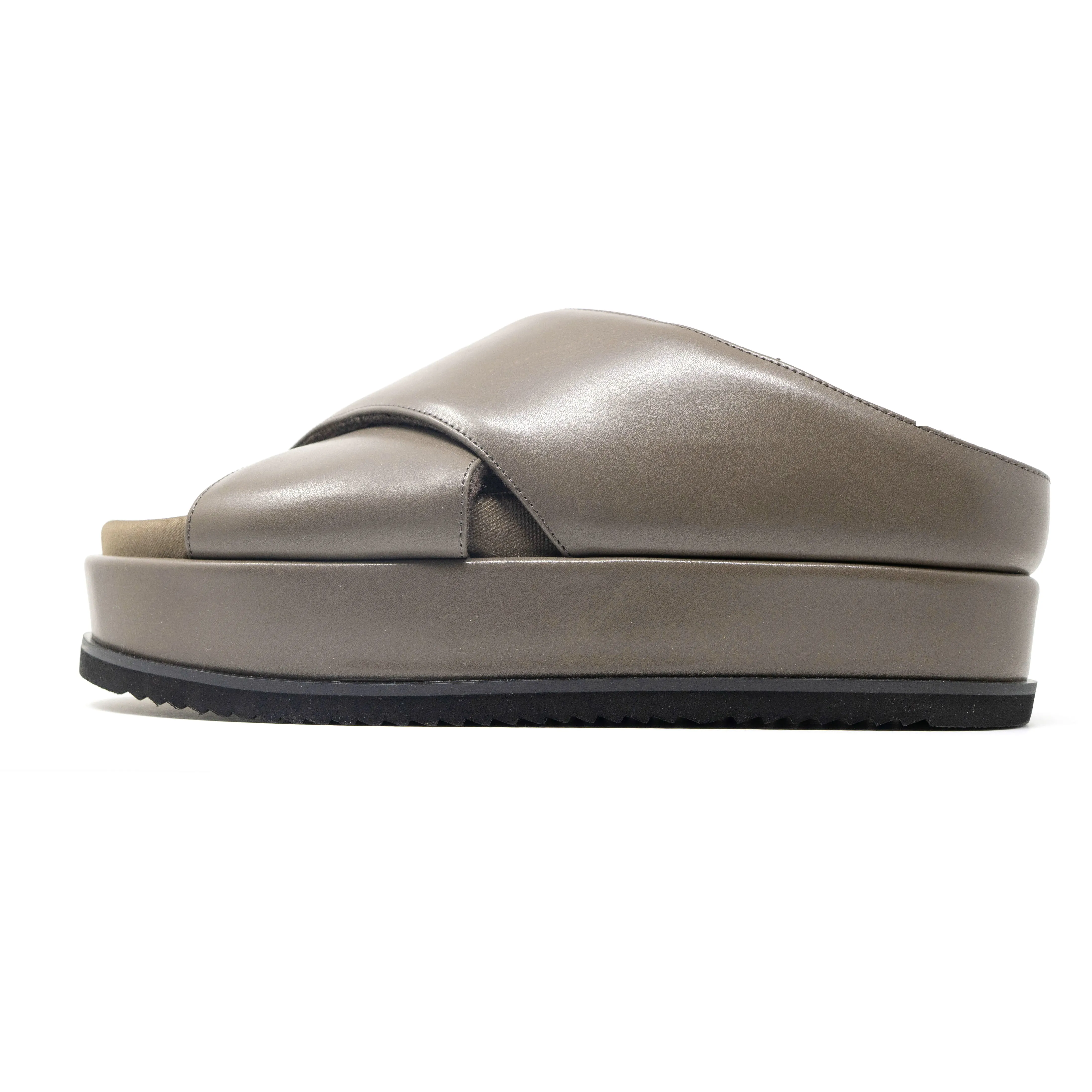 ROAM CROSS STACK PLATFORM SANDALS TAUPE VEGAN LEATHER