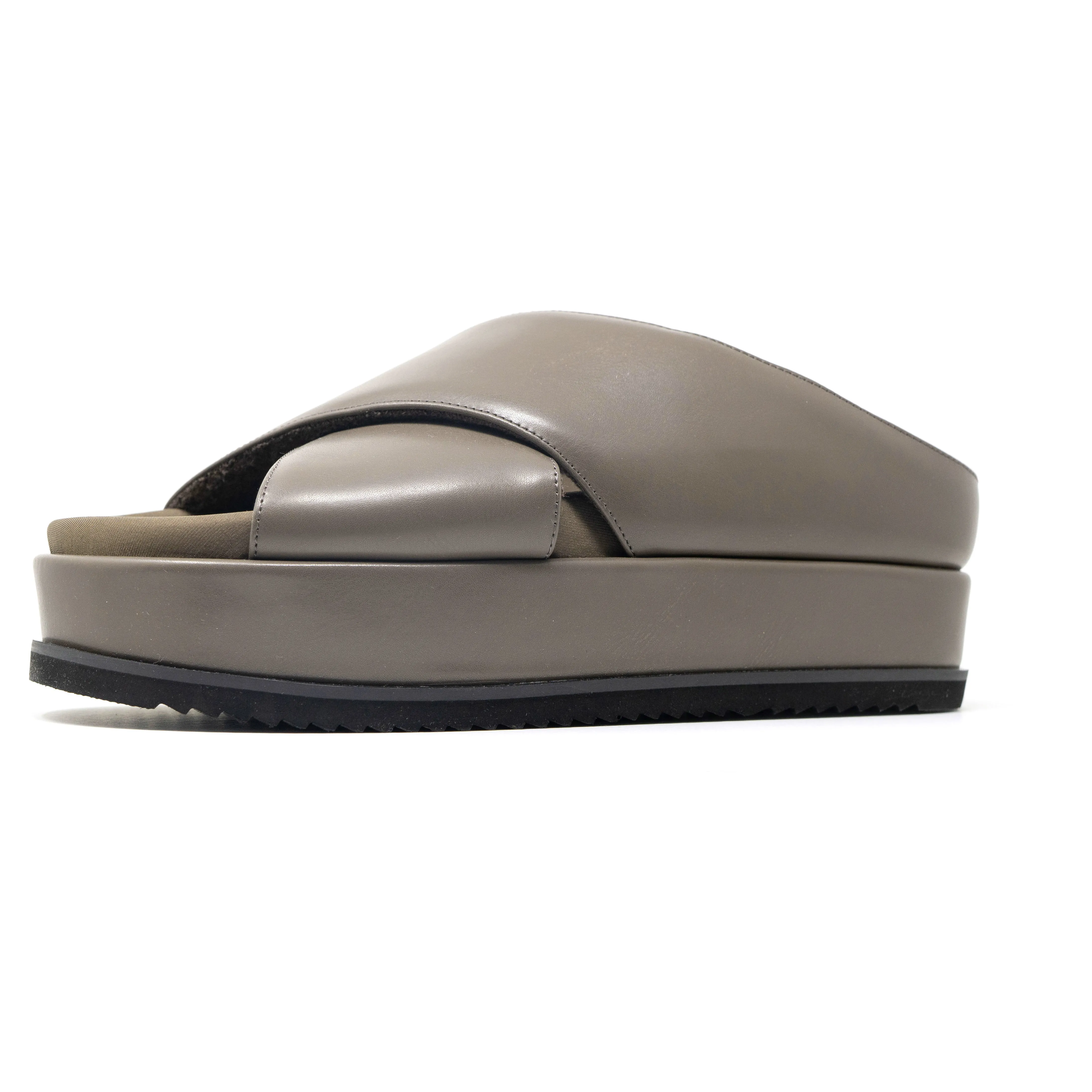 ROAM CROSS STACK PLATFORM SANDALS TAUPE VEGAN LEATHER