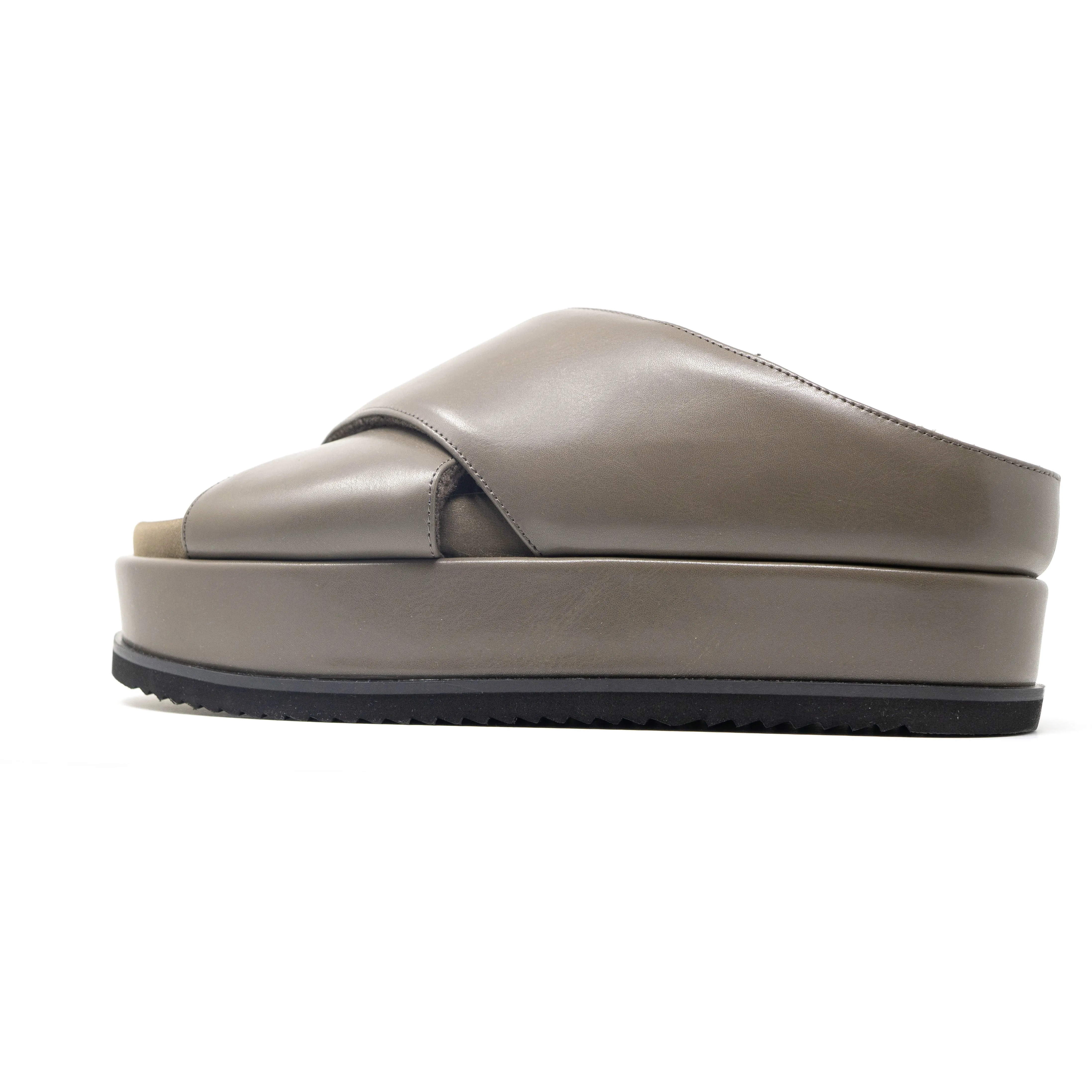 ROAM CROSS STACK PLATFORM SANDALS TAUPE VEGAN LEATHER
