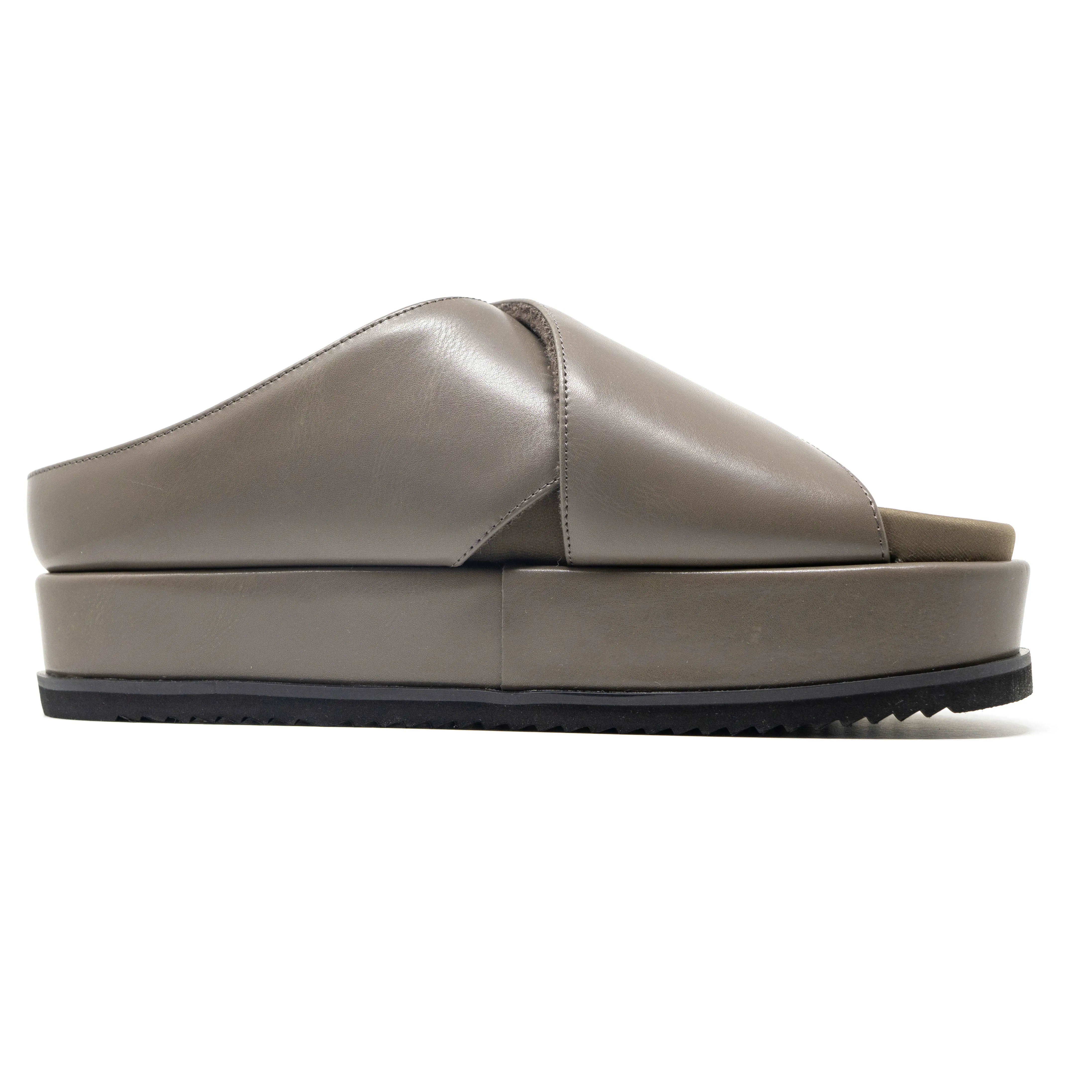 ROAM CROSS STACK PLATFORM SANDALS TAUPE VEGAN LEATHER
