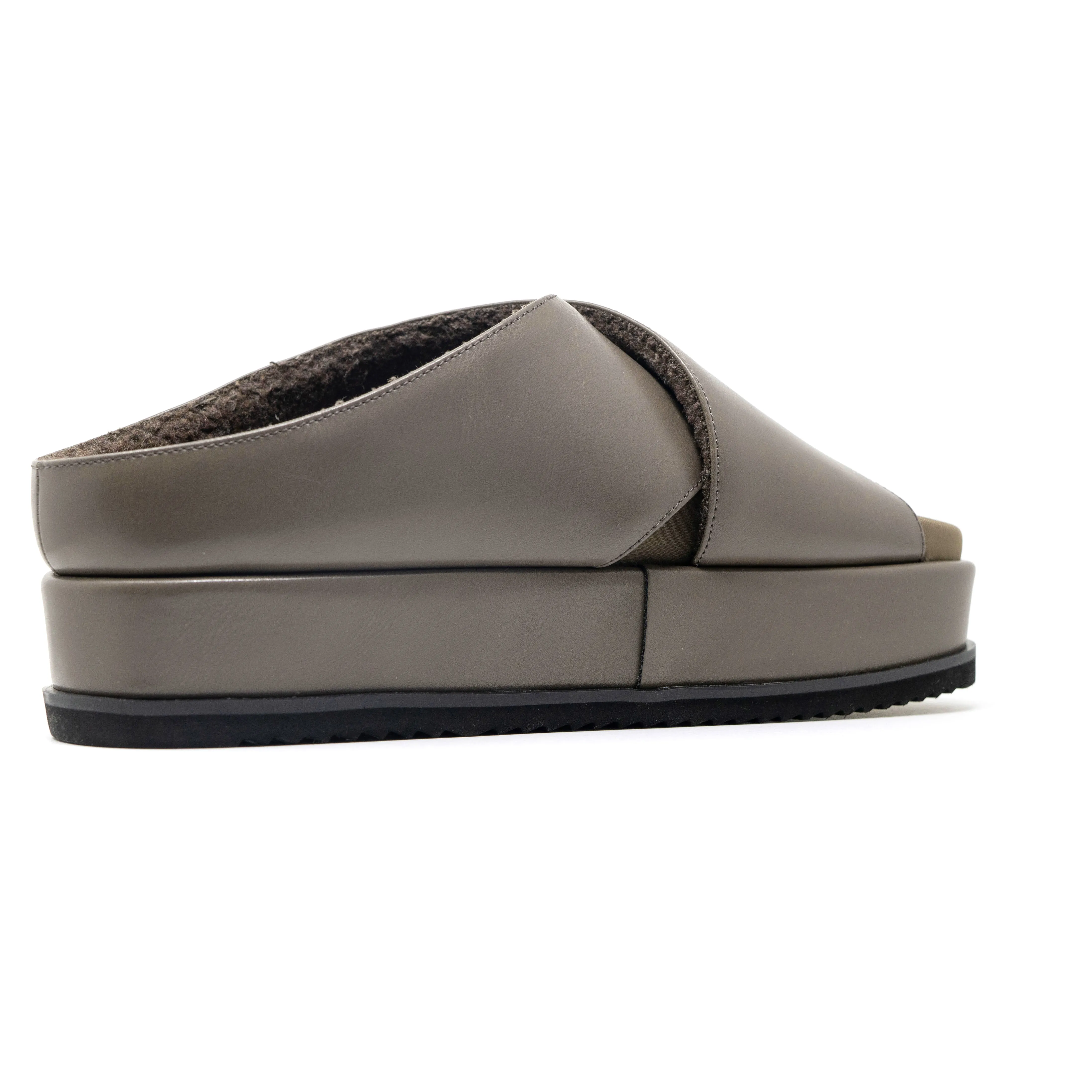 ROAM CROSS STACK PLATFORM SANDALS TAUPE VEGAN LEATHER