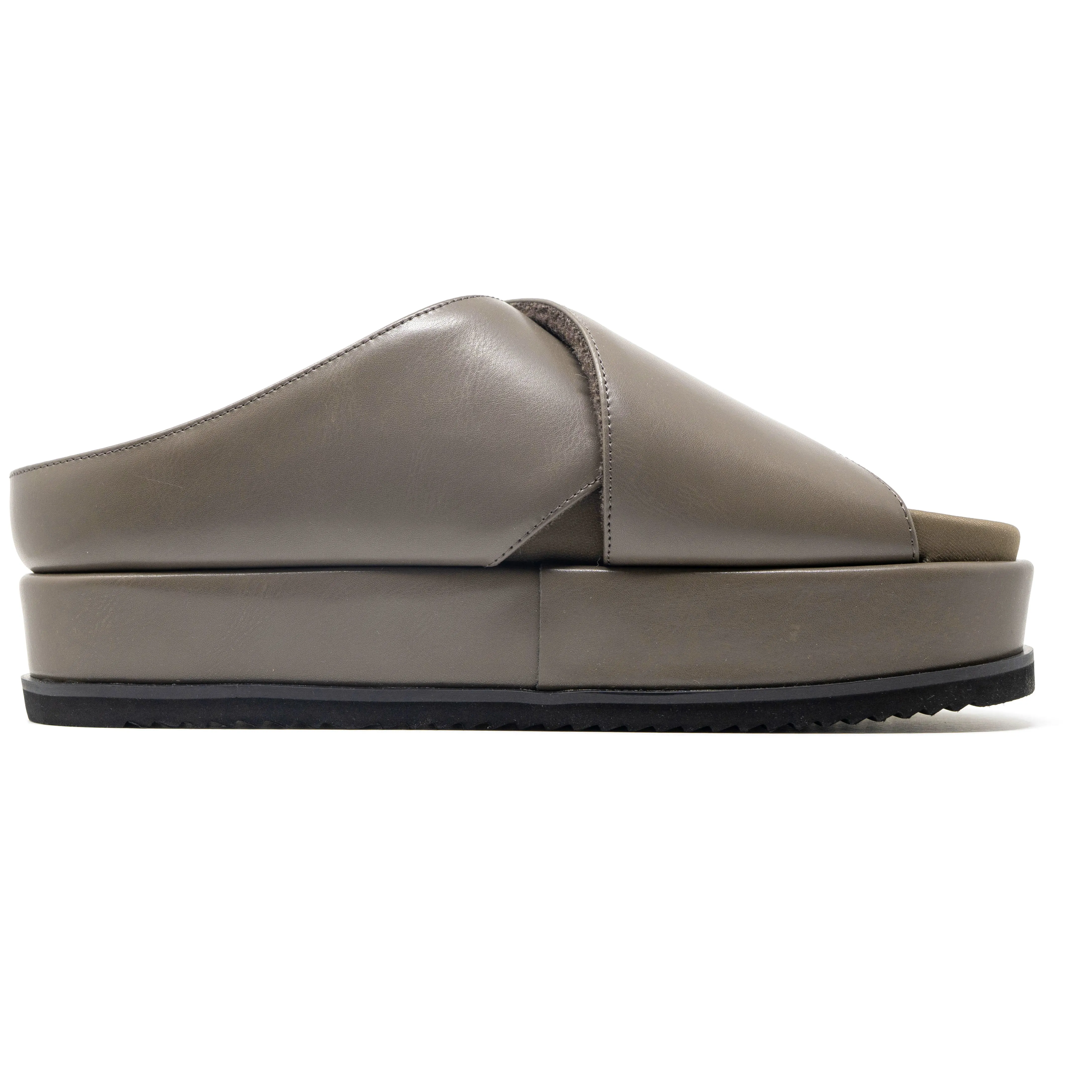 ROAM CROSS STACK PLATFORM SANDALS TAUPE VEGAN LEATHER
