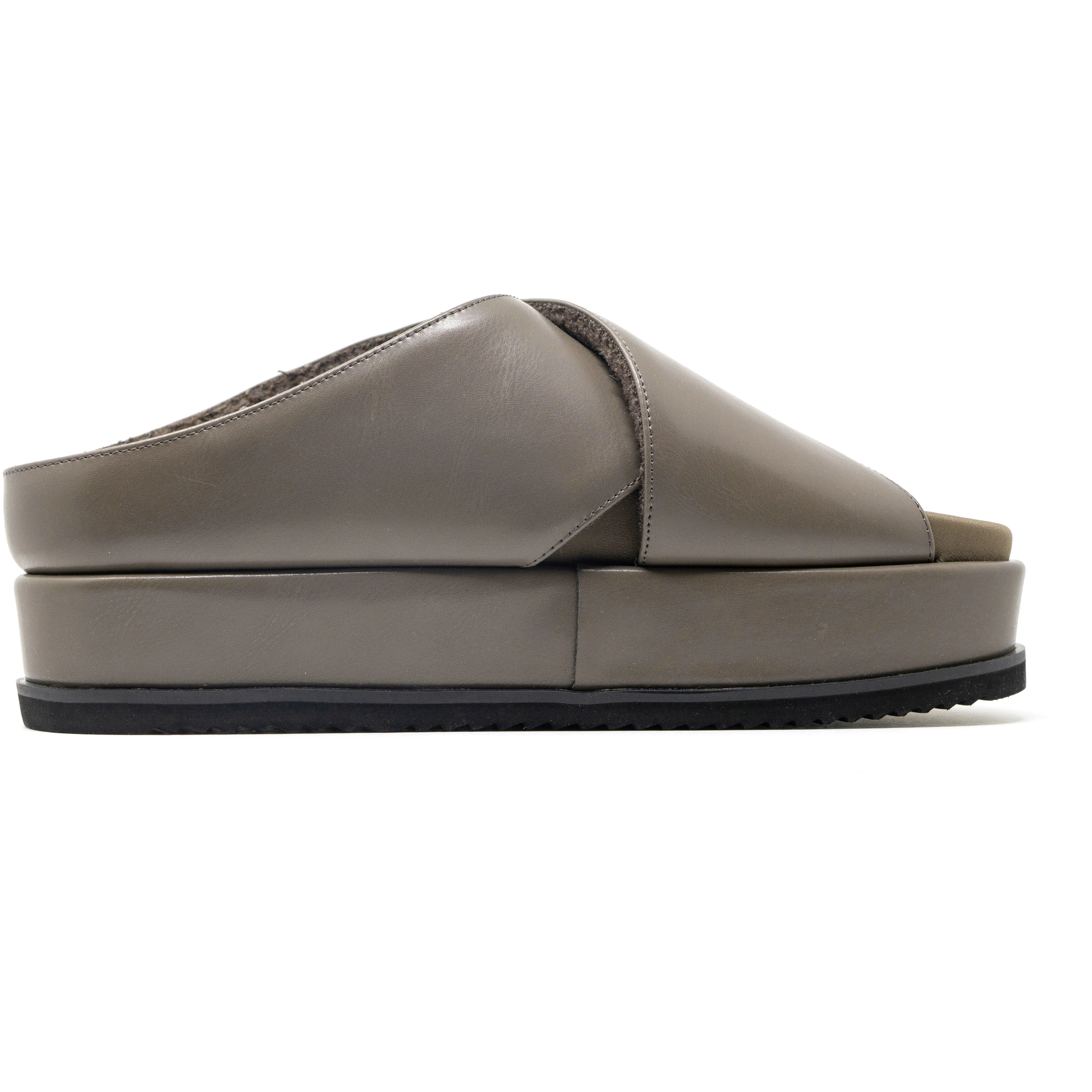 ROAM CROSS STACK PLATFORM SANDALS TAUPE VEGAN LEATHER