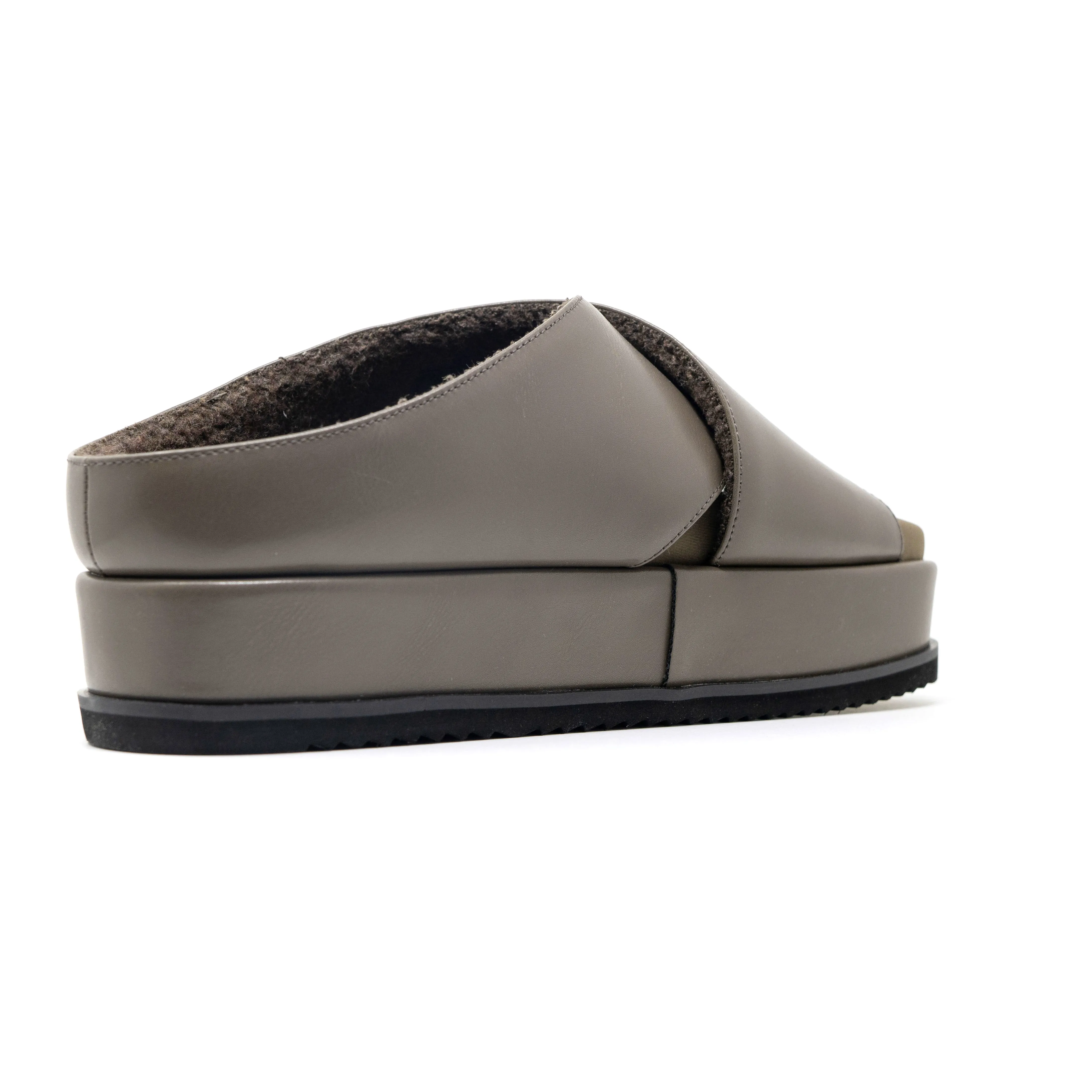 ROAM CROSS STACK PLATFORM SANDALS TAUPE VEGAN LEATHER