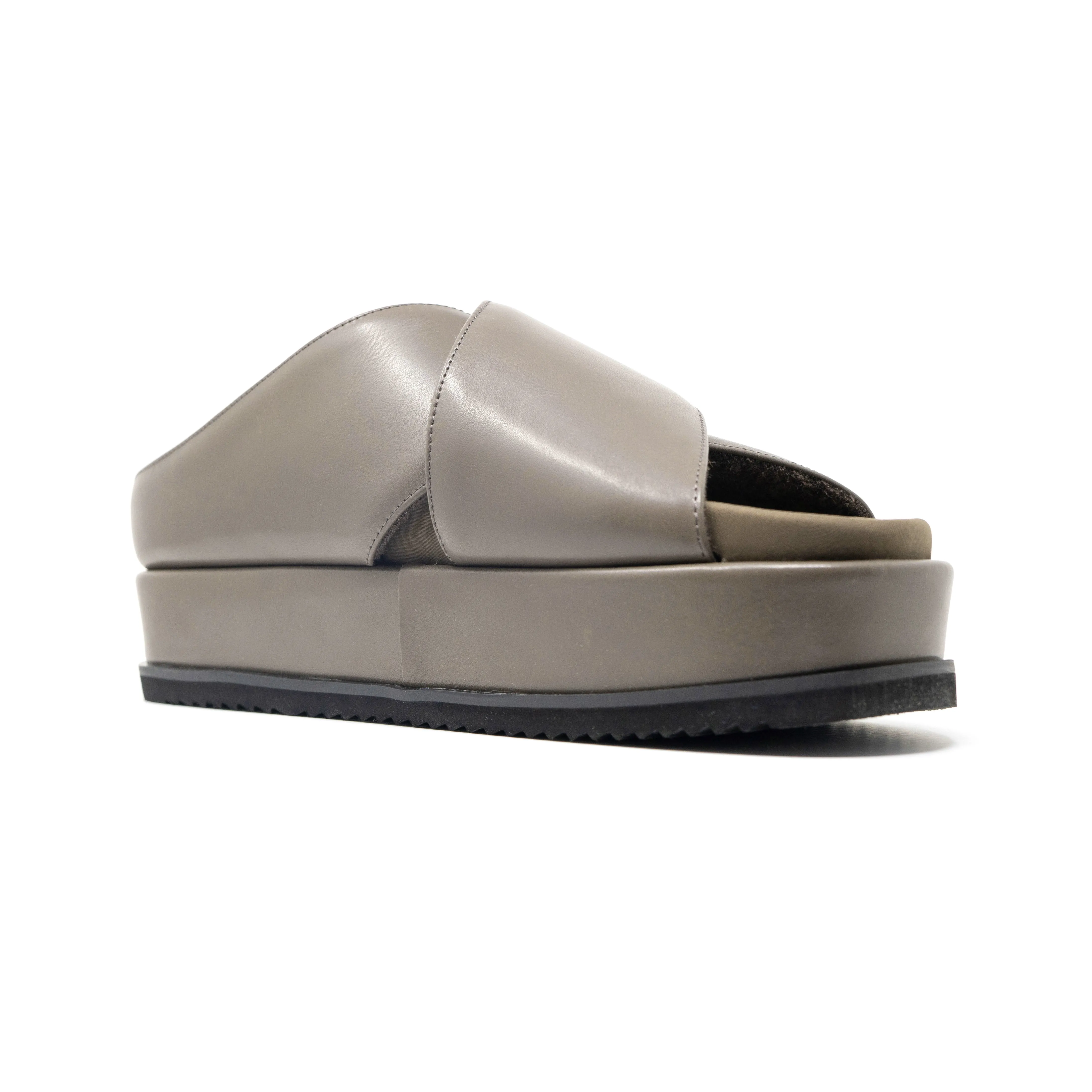 ROAM CROSS STACK PLATFORM SANDALS TAUPE VEGAN LEATHER