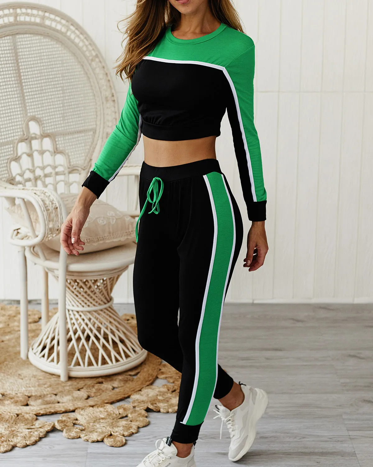 Round Collar Lace-up Long Sleeve Two-piece Stitching Color Sport Set Home Workout Fitness