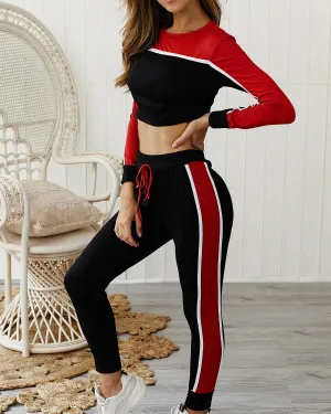 Round Collar Lace-up Long Sleeve Two-piece Stitching Color Sport Set Home Workout Fitness