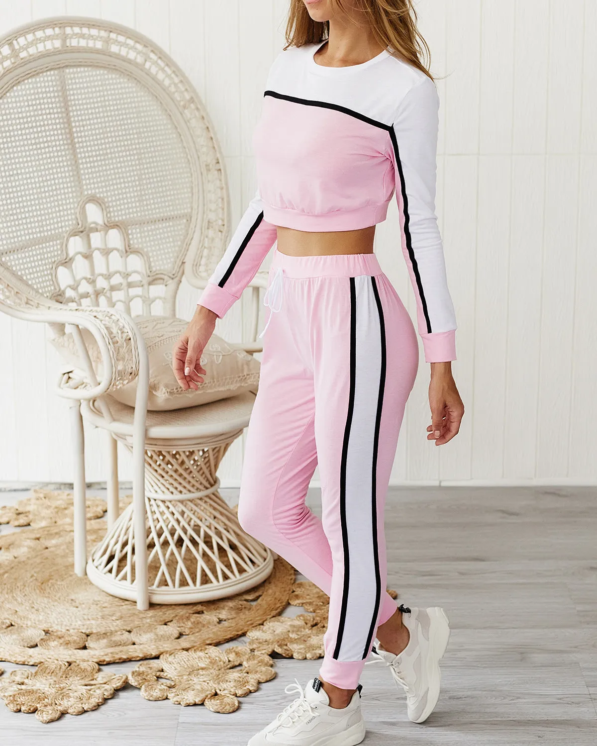 Round Collar Lace-up Long Sleeve Two-piece Stitching Color Sport Set Home Workout Fitness