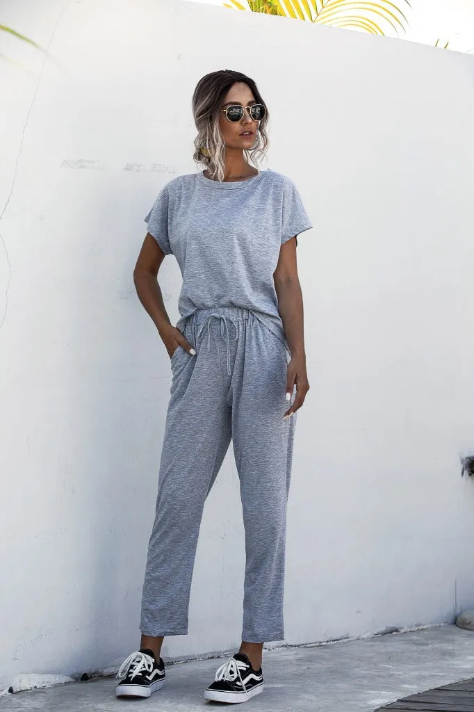 Round Collar Lace-up Short Sleeve Casual Two-piece Sport Set Home Workout Fitness S to XXXL Plus