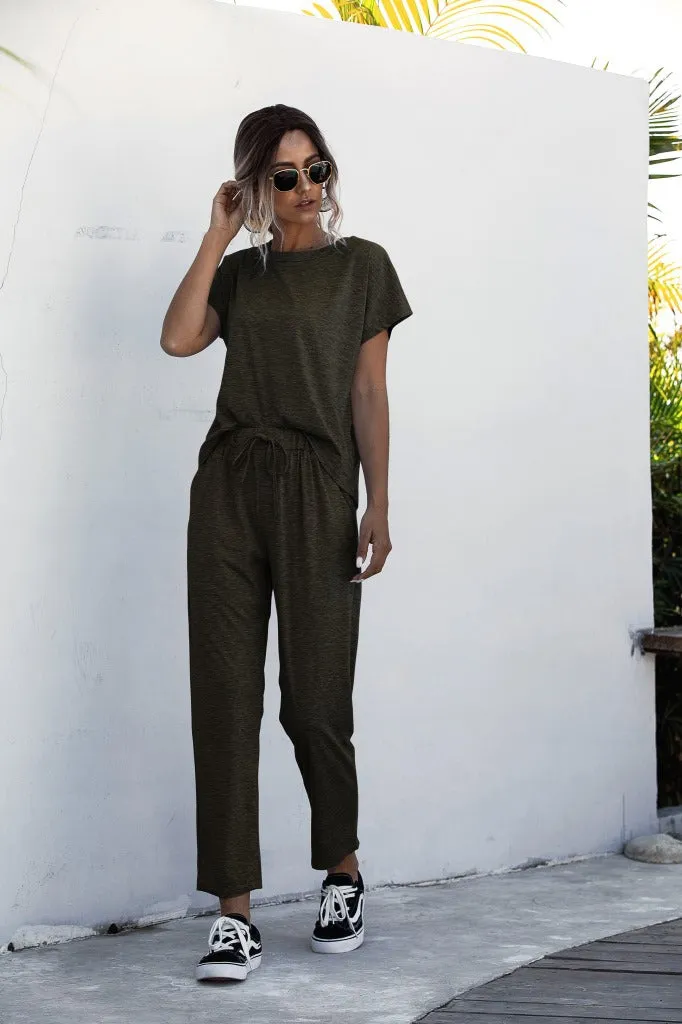 Round Collar Lace-up Short Sleeve Casual Two-piece Sport Set Home Workout Fitness S to XXXL Plus