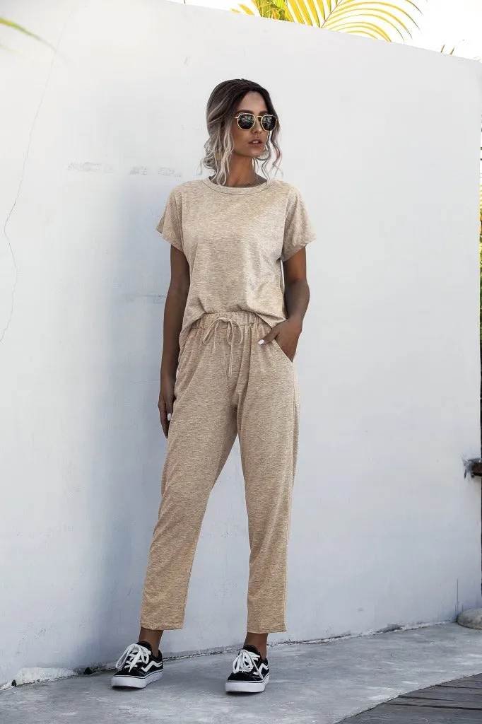 Round Collar Lace-up Short Sleeve Casual Two-piece Sport Set Home Workout Fitness S to XXXL Plus