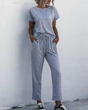 Round Collar Lace-up Short Sleeve Casual Two-piece Sport Set Home Workout Fitness S to XXXL Plus