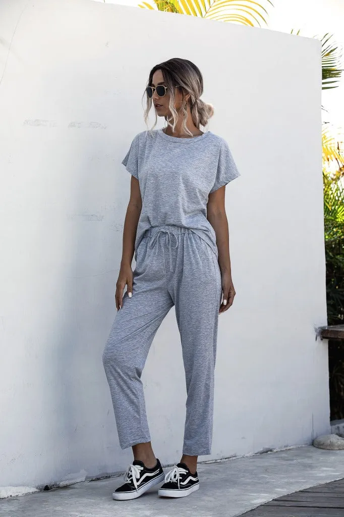 Round Collar Lace-up Short Sleeve Casual Two-piece Sport Set Home Workout Fitness S to XXXL Plus