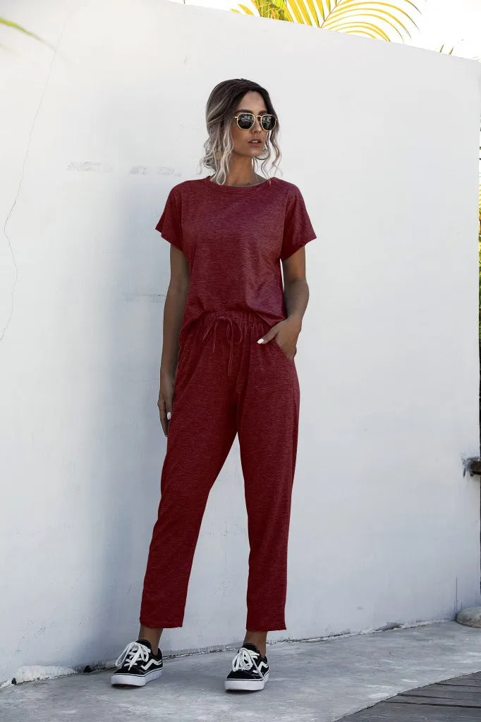 Round Collar Lace-up Short Sleeve Casual Two-piece Sport Set Home Workout Fitness S to XXXL Plus
