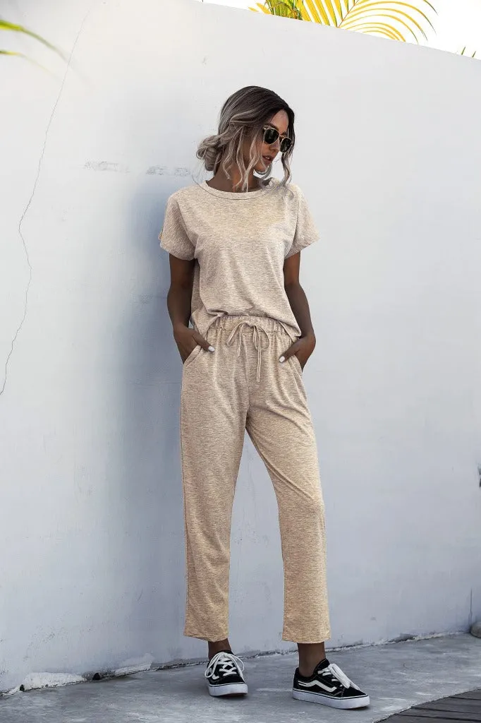 Round Collar Lace-up Short Sleeve Casual Two-piece Sport Set Home Workout Fitness S to XXXL Plus