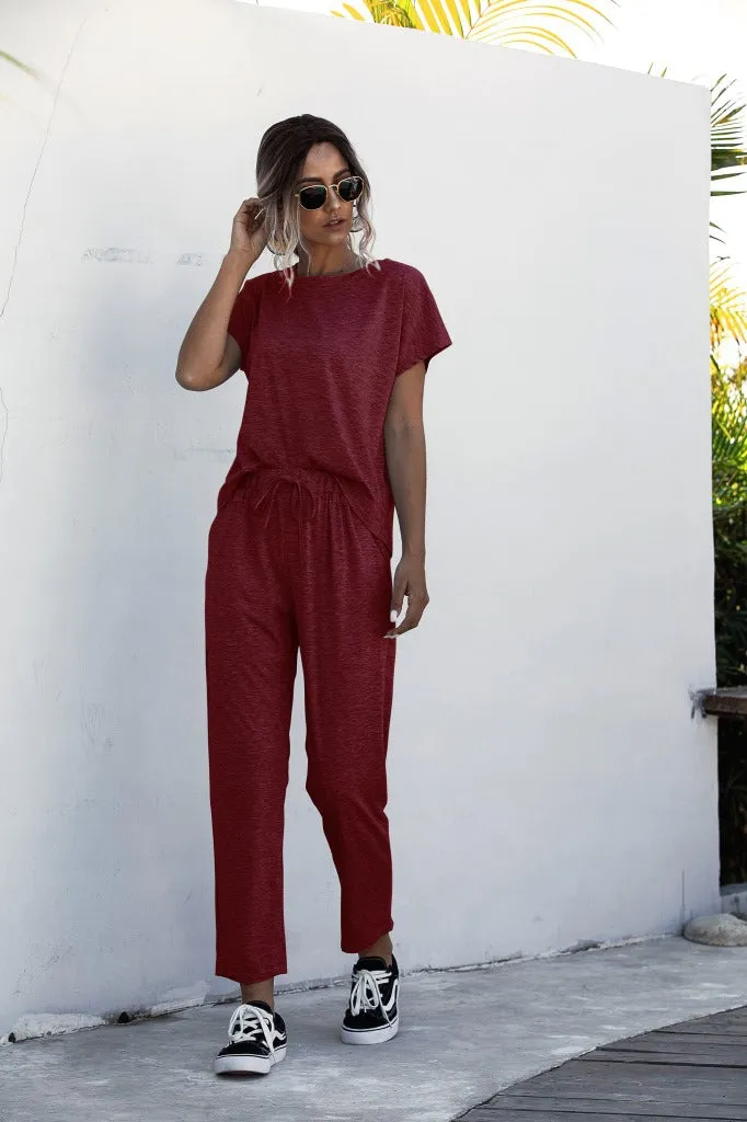 Round Collar Lace-up Short Sleeve Casual Two-piece Sport Set Home Workout Fitness S to XXXL Plus