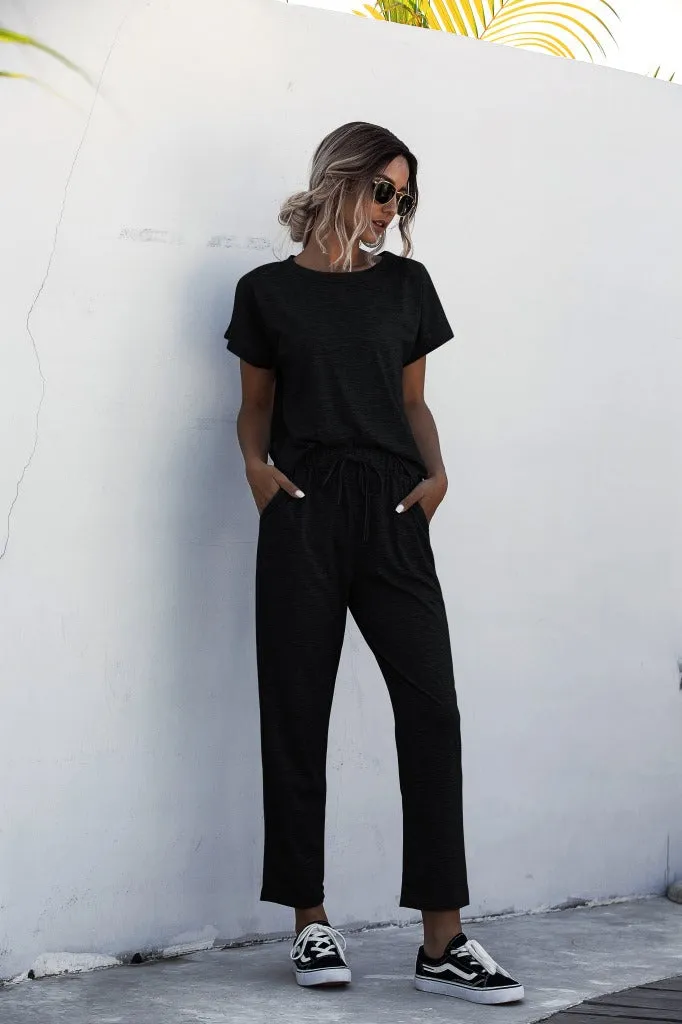 Round Collar Lace-up Short Sleeve Casual Two-piece Sport Set Home Workout Fitness S to XXXL Plus