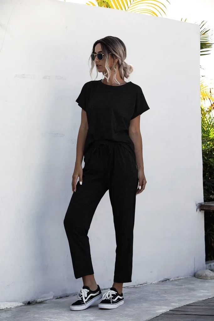Round Collar Lace-up Short Sleeve Casual Two-piece Sport Set Home Workout Fitness S to XXXL Plus