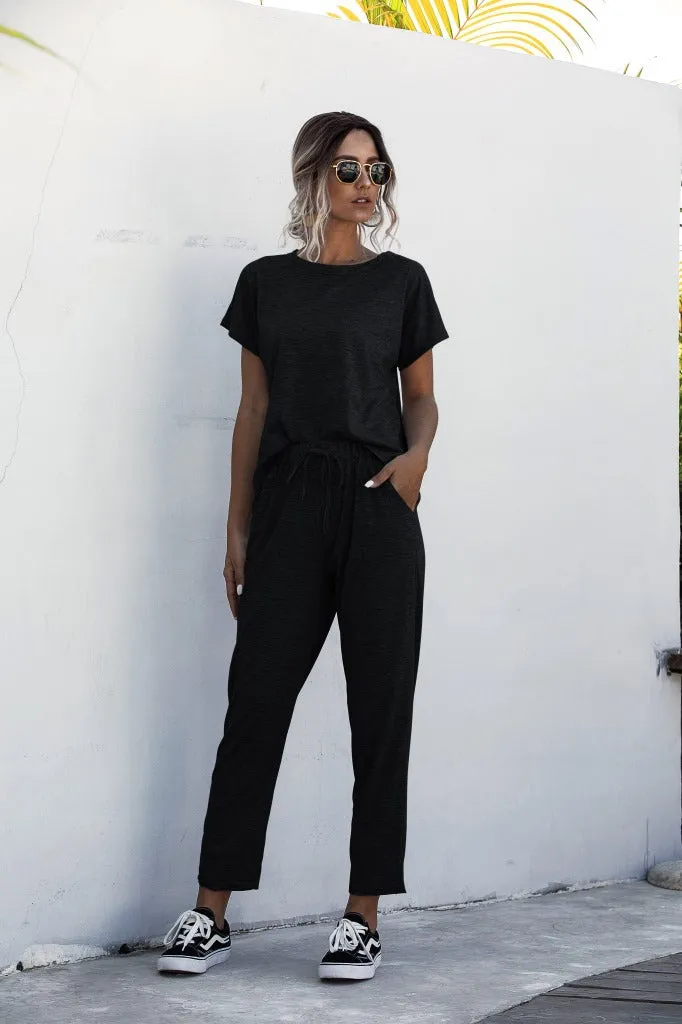 Round Collar Lace-up Short Sleeve Casual Two-piece Sport Set Home Workout Fitness S to XXXL Plus