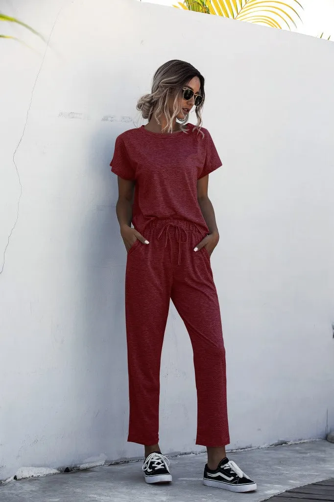 Round Collar Lace-up Short Sleeve Casual Two-piece Sport Set Home Workout Fitness S to XXXL Plus