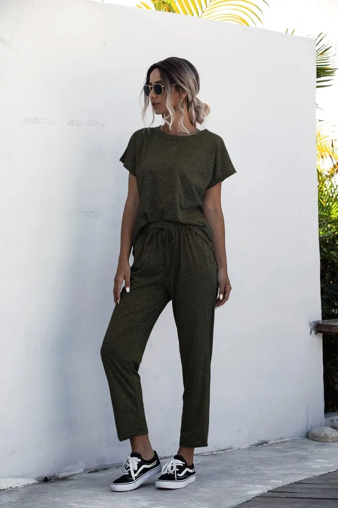 Round Collar Lace-up Short Sleeve Casual Two-piece Sport Set Home Workout Fitness S to XXXL Plus