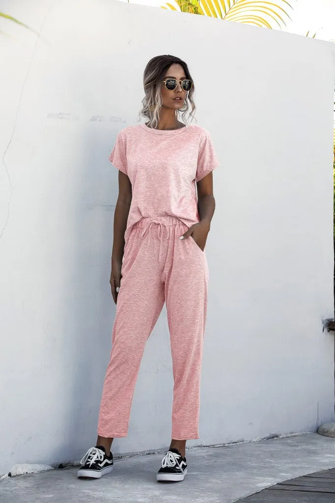 Round Collar Lace-up Short Sleeve Casual Two-piece Sport Set Home Workout Fitness S to XXXL Plus