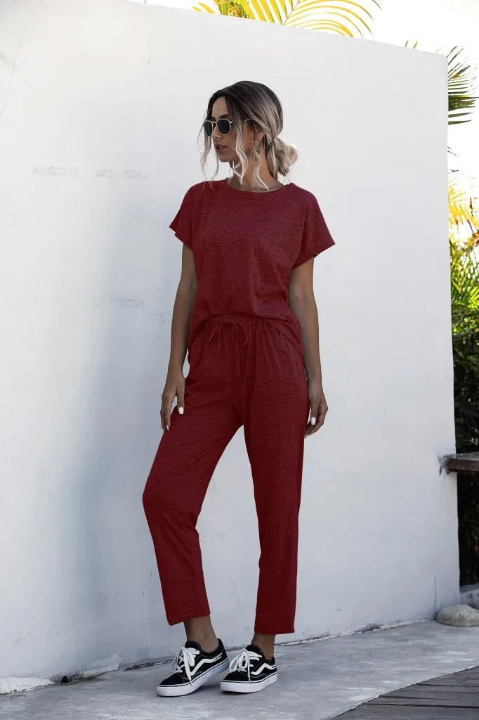 Round Collar Lace-up Short Sleeve Casual Two-piece Sport Set Home Workout Fitness S to XXXL Plus