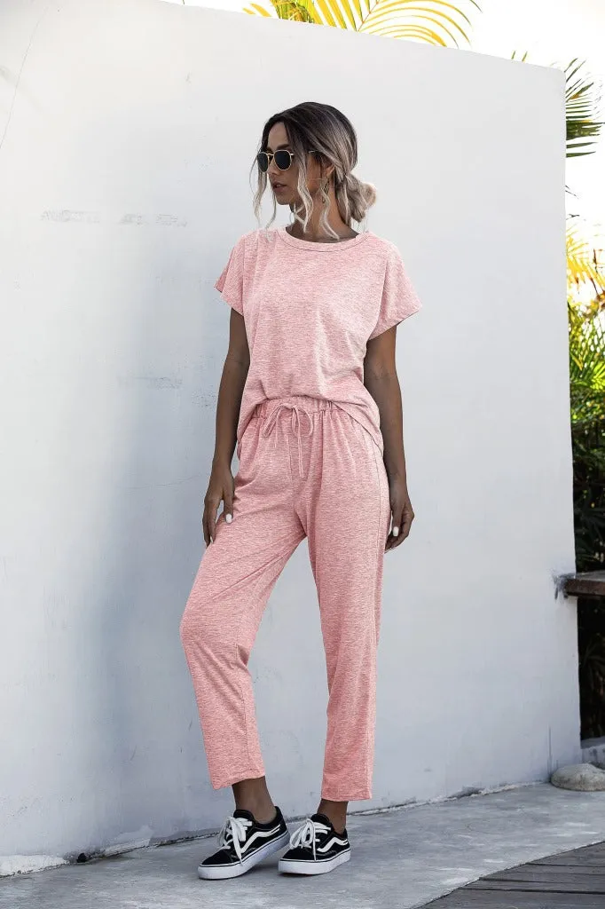 Round Collar Lace-up Short Sleeve Casual Two-piece Sport Set Home Workout Fitness S to XXXL Plus