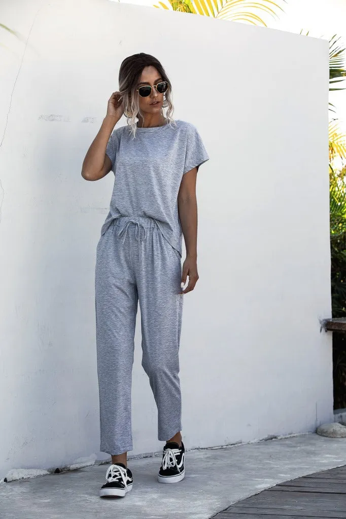 Round Collar Lace-up Short Sleeve Casual Two-piece Sport Set Home Workout Fitness S to XXXL Plus