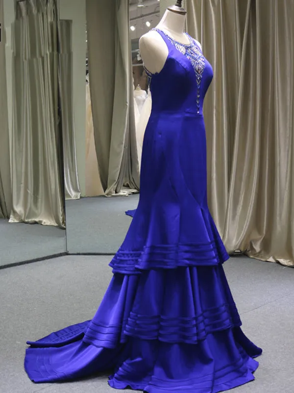 Royal Blue Luxury Beaded Mermaid Prom Dress with Sweep Train Sexy See Though Back Prom/Evening Dress SM7714