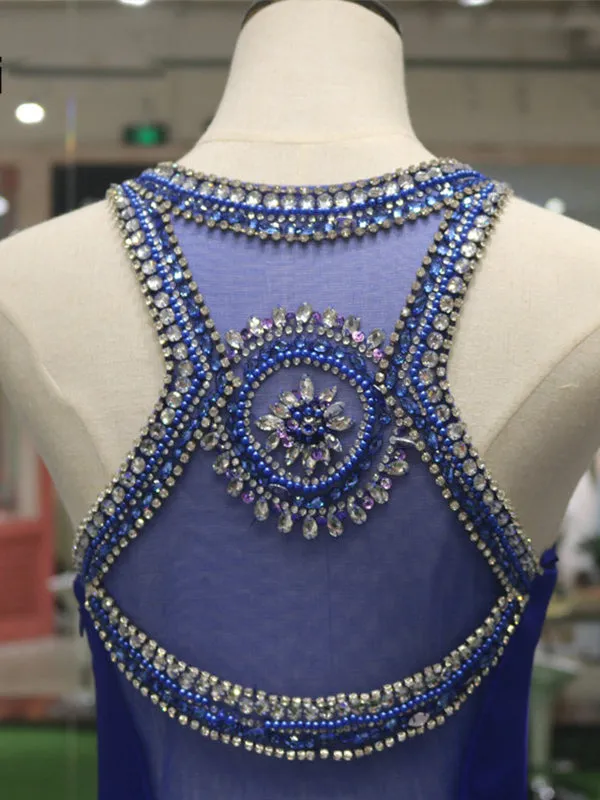 Royal Blue Luxury Beaded Mermaid Prom Dress with Sweep Train Sexy See Though Back Prom/Evening Dress SM7714