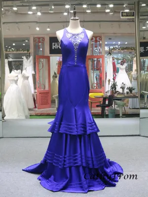 Royal Blue Luxury Beaded Mermaid Prom Dress with Sweep Train Sexy See Though Back Prom/Evening Dress SM7714