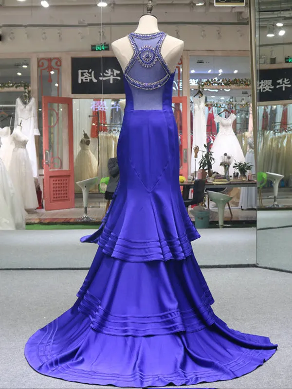 Royal Blue Luxury Beaded Mermaid Prom Dress with Sweep Train Sexy See Though Back Prom/Evening Dress SM7714