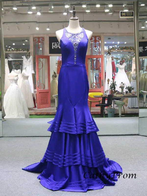 Royal Blue Luxury Beaded Mermaid Prom Dress with Sweep Train Sexy See Though Back Prom/Evening Dress SM7714