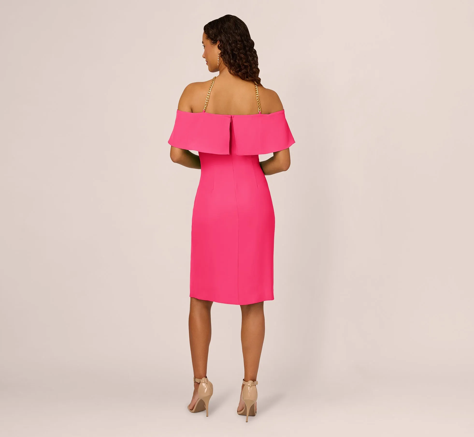 Ruffle Popover Midi Dress With Chain Halter Neckline In Electric Pink