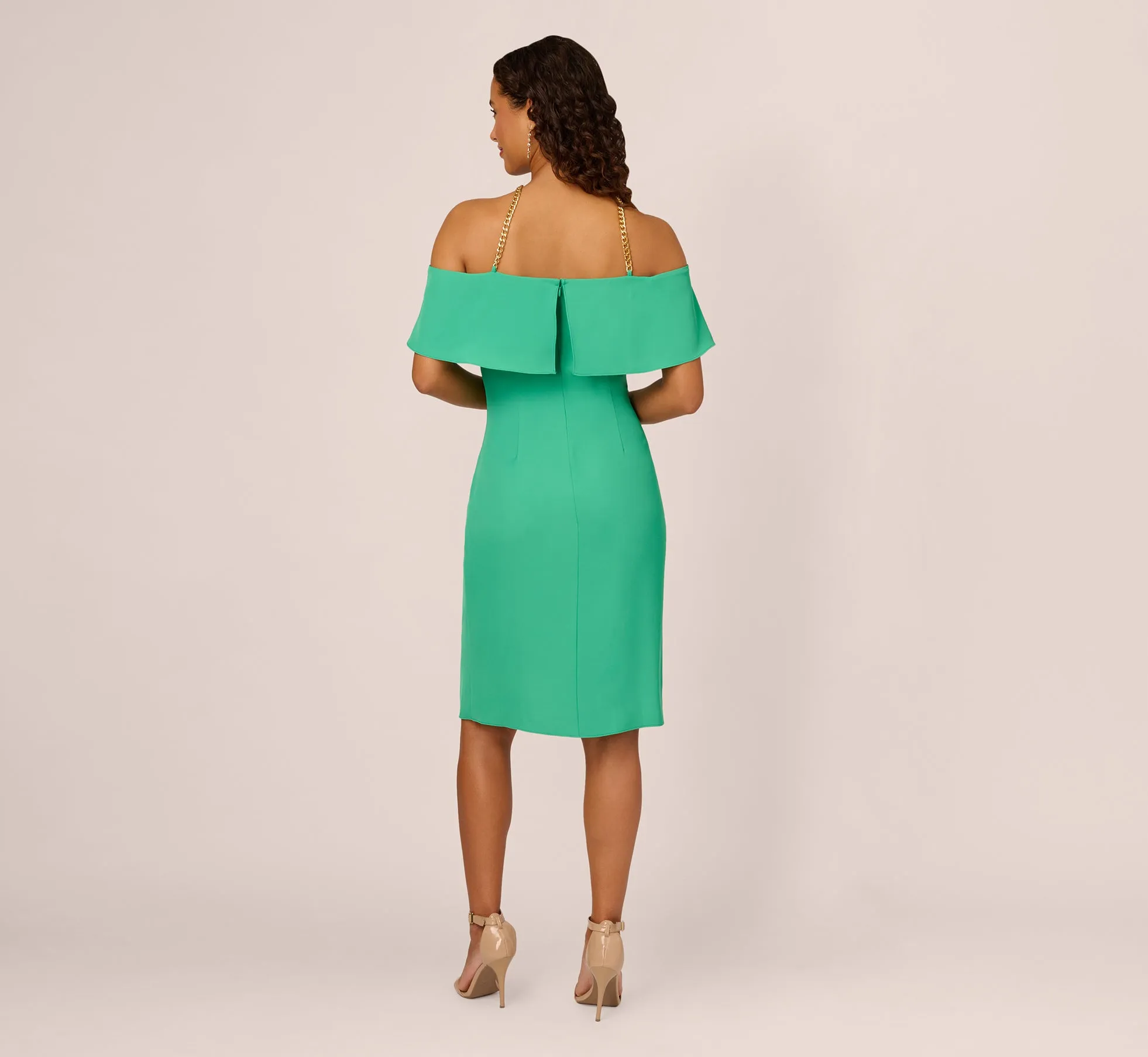 Ruffle Popover Midi Dress With Chain Halter Neckline In Flora Green