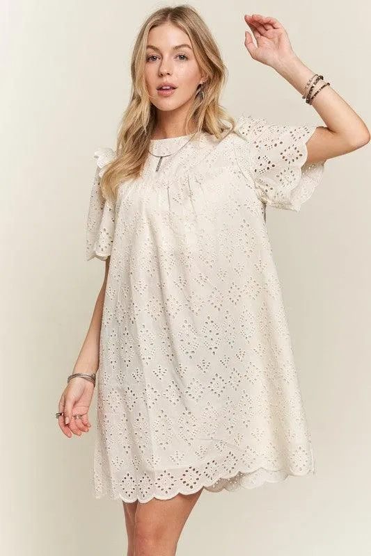 Ruffled Eyelet Round Neck Dress