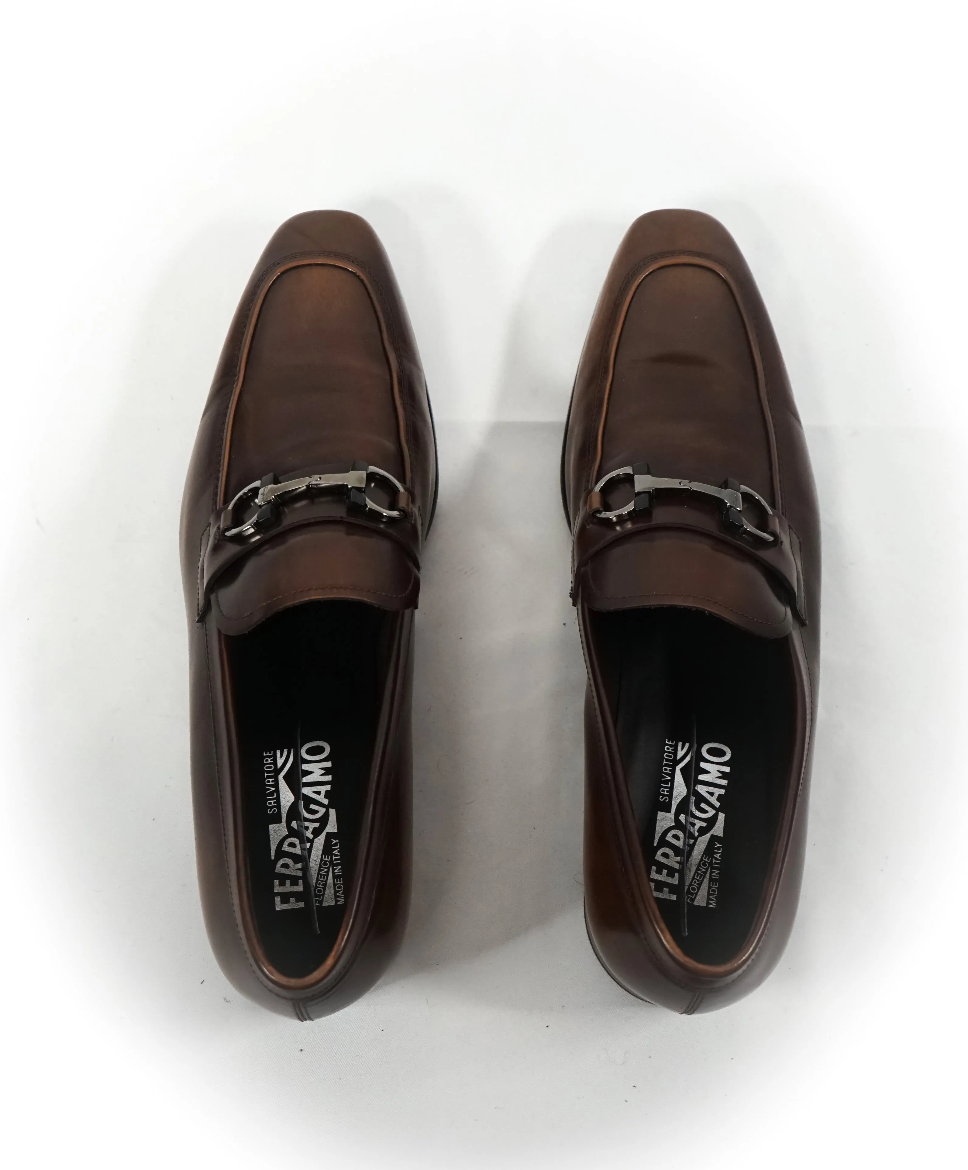 SALVATORE FERRAGAMO - “Dinamo” Two Tone Gancini Bit Brown Leather Loafers - 10.5