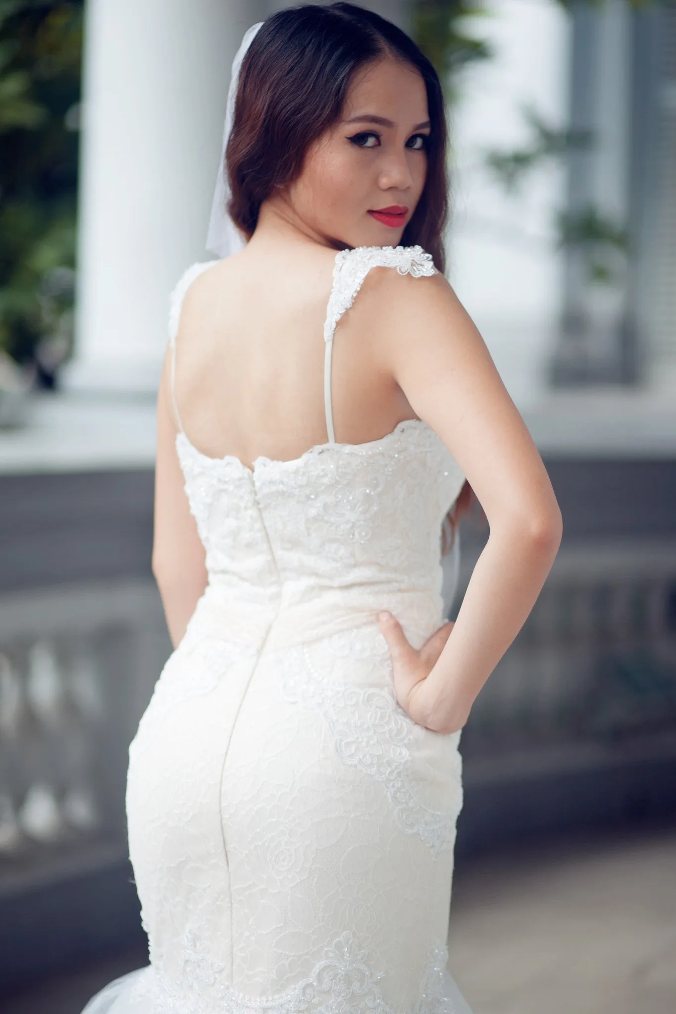SAMPLE SALE / Lace Trumpet Wedding Gown with Beaded Straps (#PB067)