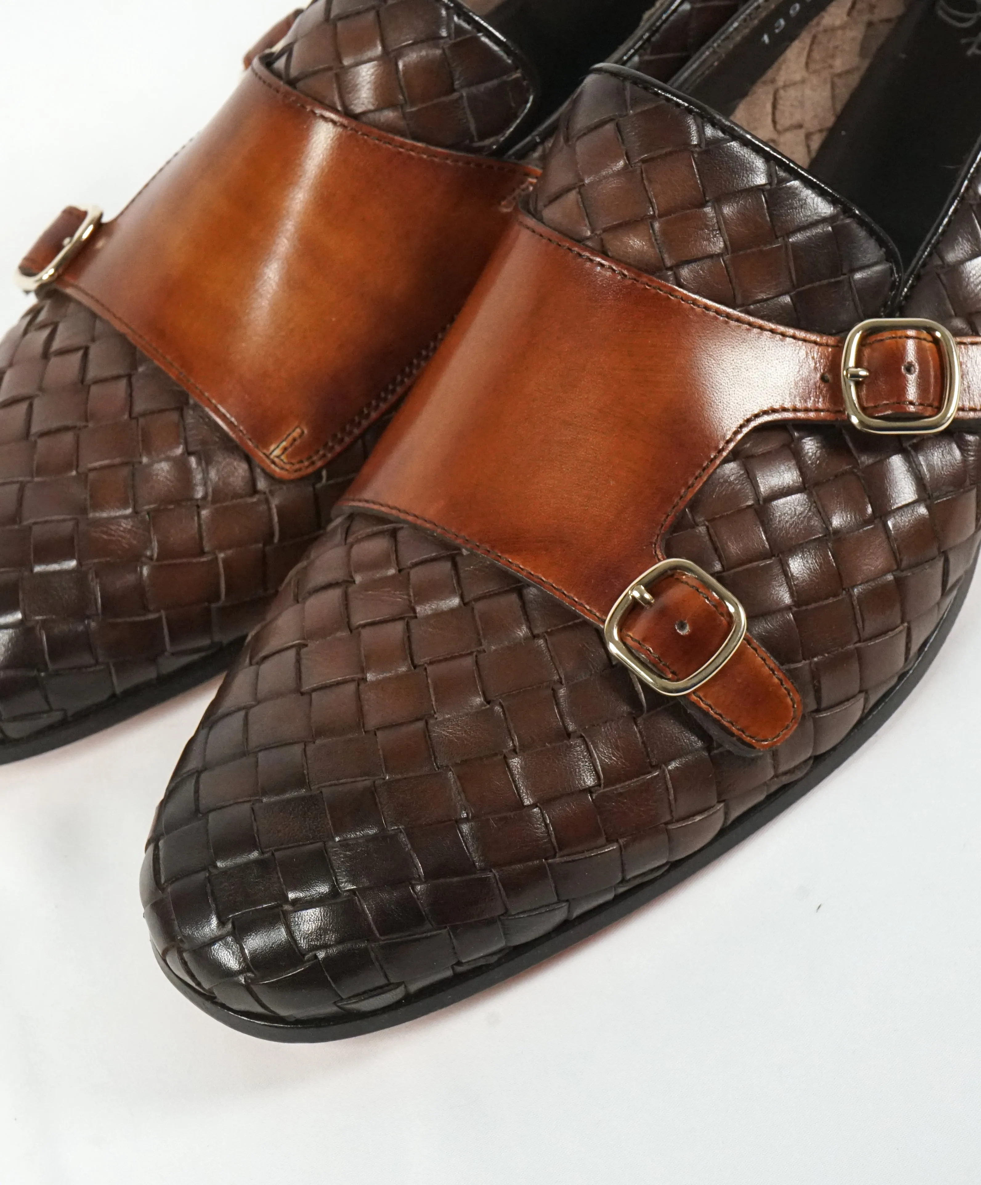 SANTONI - Brown Hand-Antiqued Woven Leather Monk Strap Loafers - 10.5