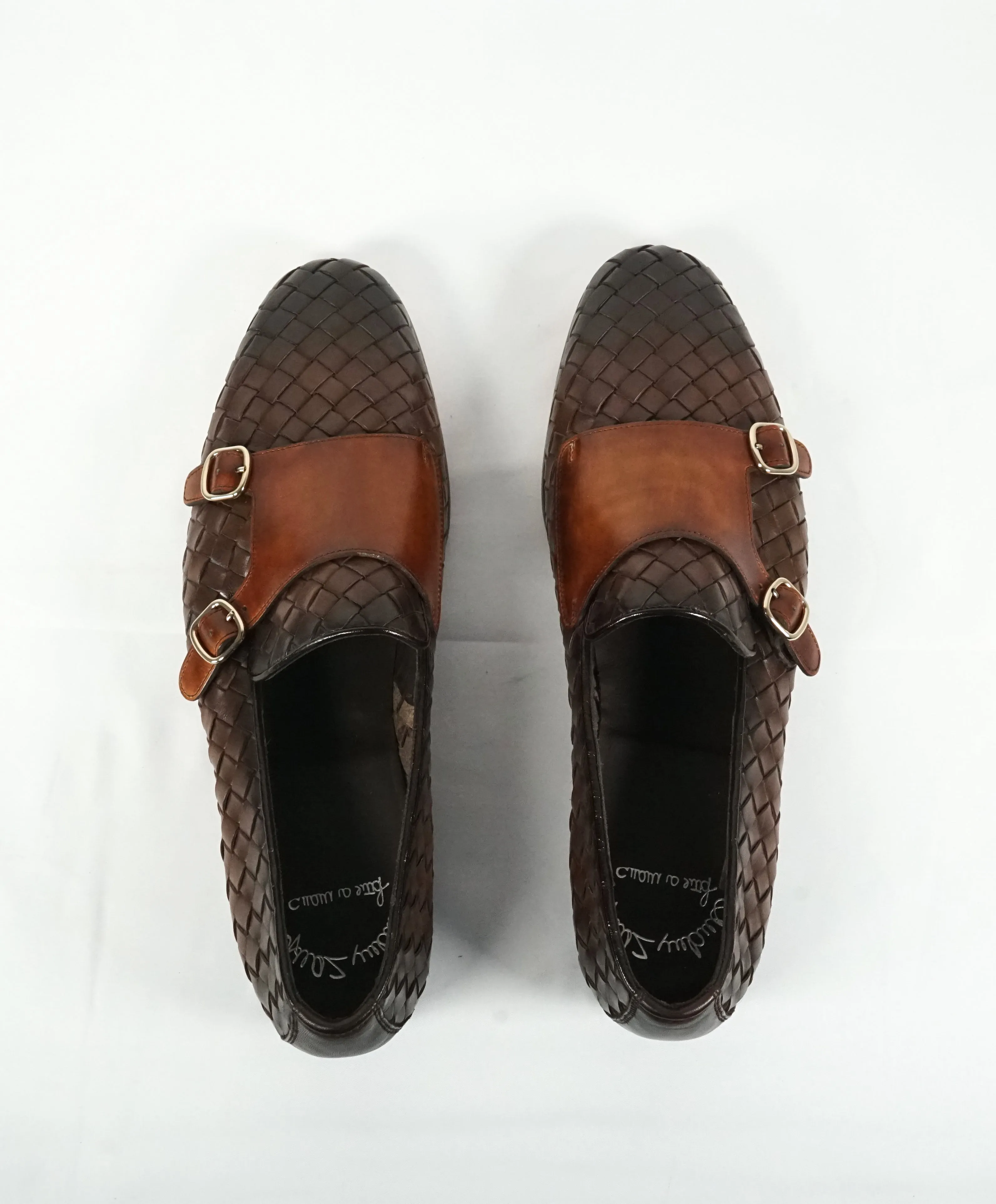 SANTONI - Brown Hand-Antiqued Woven Leather Monk Strap Loafers - 10.5