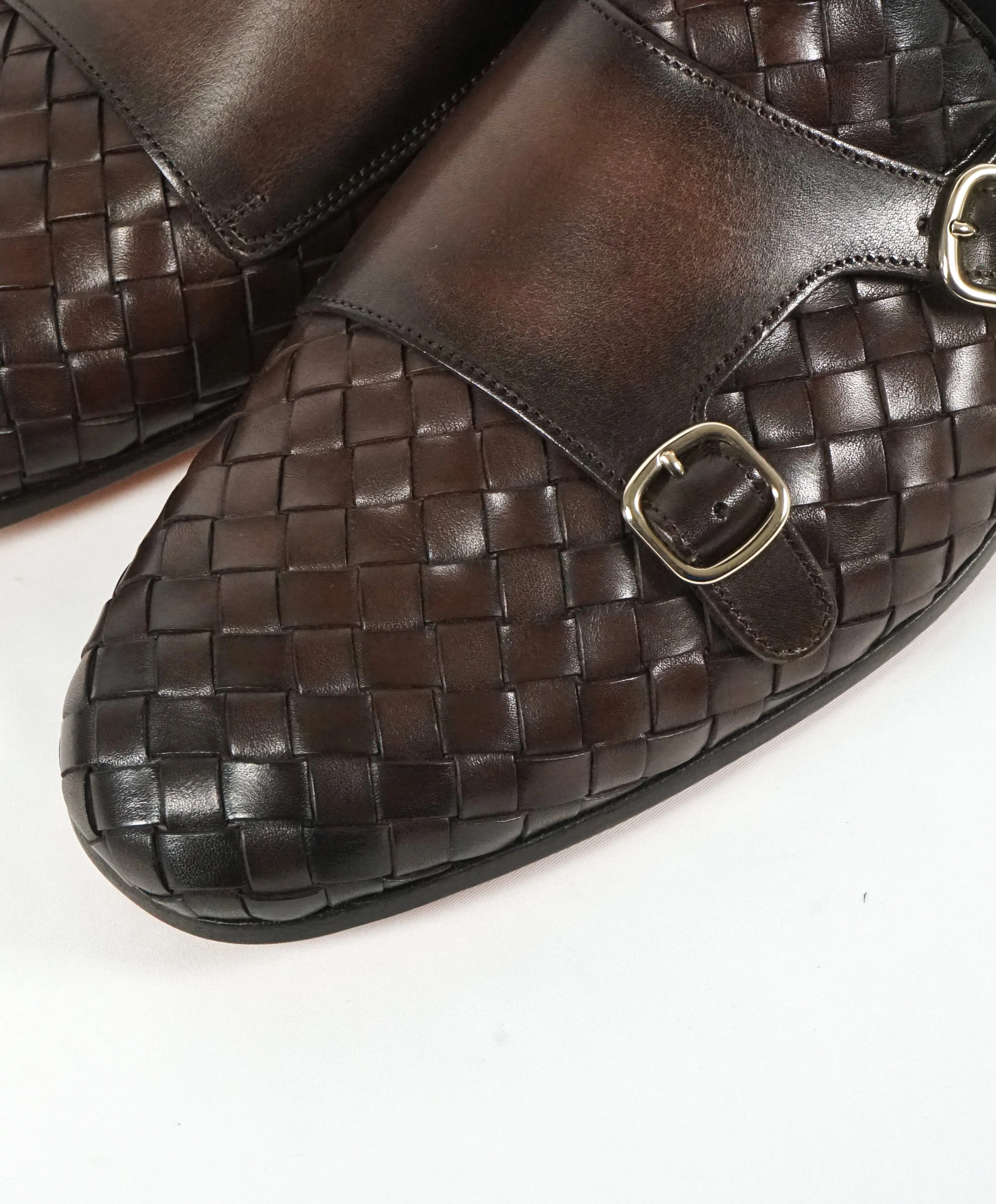 SANTONI - Brown Hand-Antiqued Woven Leather Monk Strap Loafers - 10